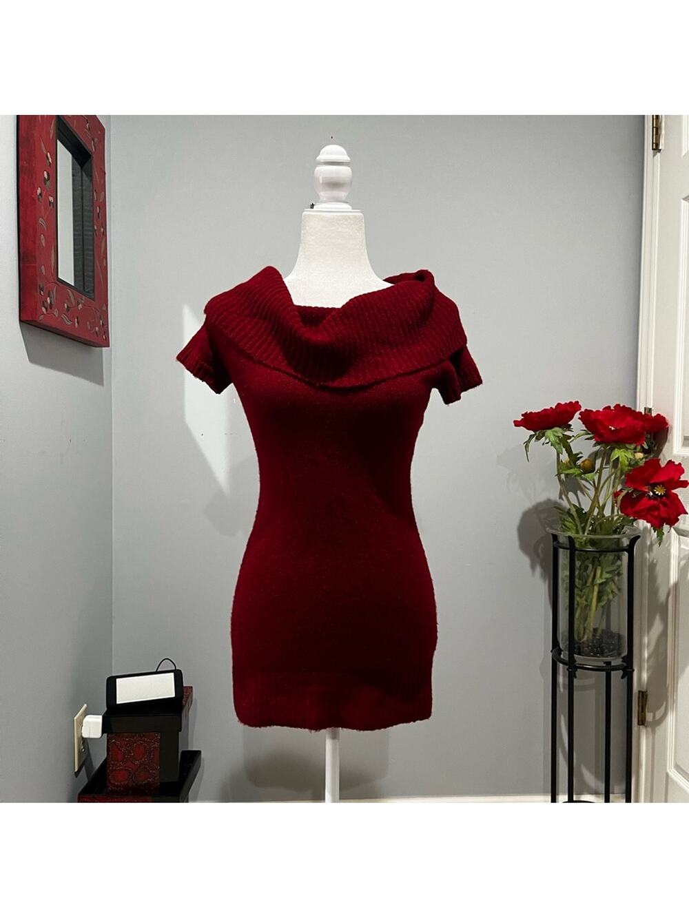 NEW Love Rocks Very Mini Tunic Cowl Neck Knit Casual Fitted Sweater Dress M NWOT